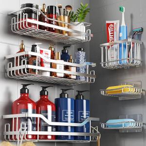 OMAIRA 6-Pack Shower Caddy Organizer Shelves Rack, Stainless Steel Adhesive Bathroom Organizers and Storage Organization Set Home Kitchen Wall Decor, No Drill & Large Capacity & Heavy Duty, Silver