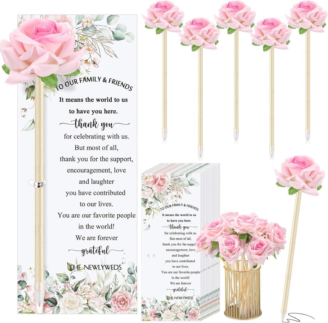 Spakon 36 Set Wedding Favors Pens for Guests Bulk - Bridal Shower Artificial Rose Flower Pen Thank You Cards with Twine Ballpoint Pen Black Ink for Wedding Games Office Proposal Gift(Classic Style)