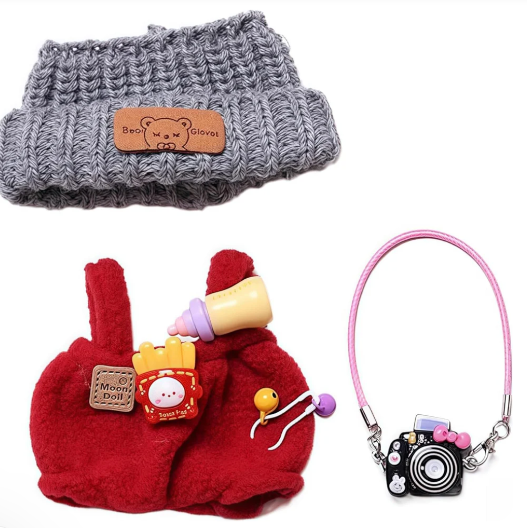 Designer Clothes for 15cm/17cm Dolls, Doll Knit Outfit Accessories with Red Sweater Overall, Black Camera and Beanie, DDK-Red