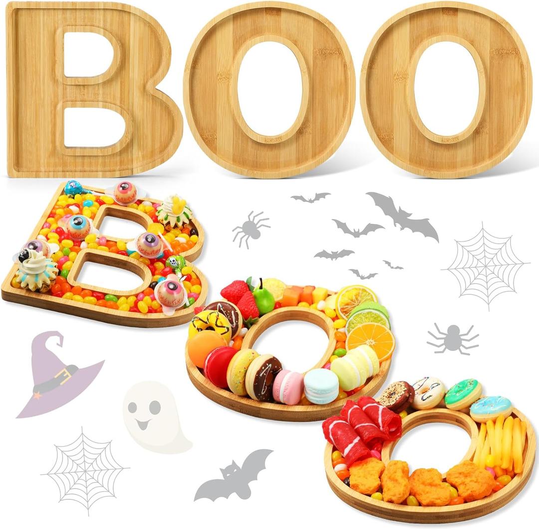 FillTouch Boo Wooden Charcuterie Letters Fillable Halloween Serving Tray Charcuterie Board Dish Decorative Cheese Platter for Snack Food Cake Cookies for Halloween Party