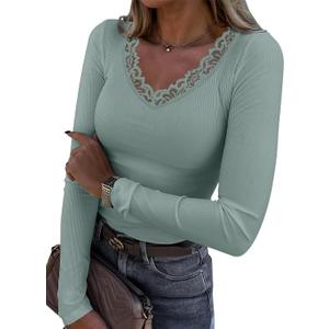 LUXVEER Long Sleeve Shirts for Women Lace V Neck Ribbed Fitted T-Shirt Dressy Business Casual Blouses 2026 Trendy Fall Tops (Green, XL)