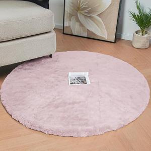 Pink Boho Faux Rabbit Fluffy Fur Rugs for Bedroom Shag Circle Washable Area Rugs for Living Room Nursery Round Rug 4ft