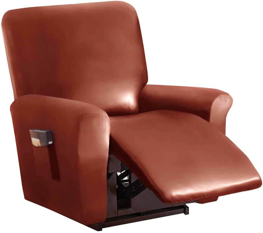 vctops 4 Pieces Waterproof Faux PU Leather Recliner Slipcovers Stretch Soft Sofa Couch Cover Anti-Slip Furniture Protector with Elastic Bottom for Kids Cats Dogs(Orange Brown,1 Seat)