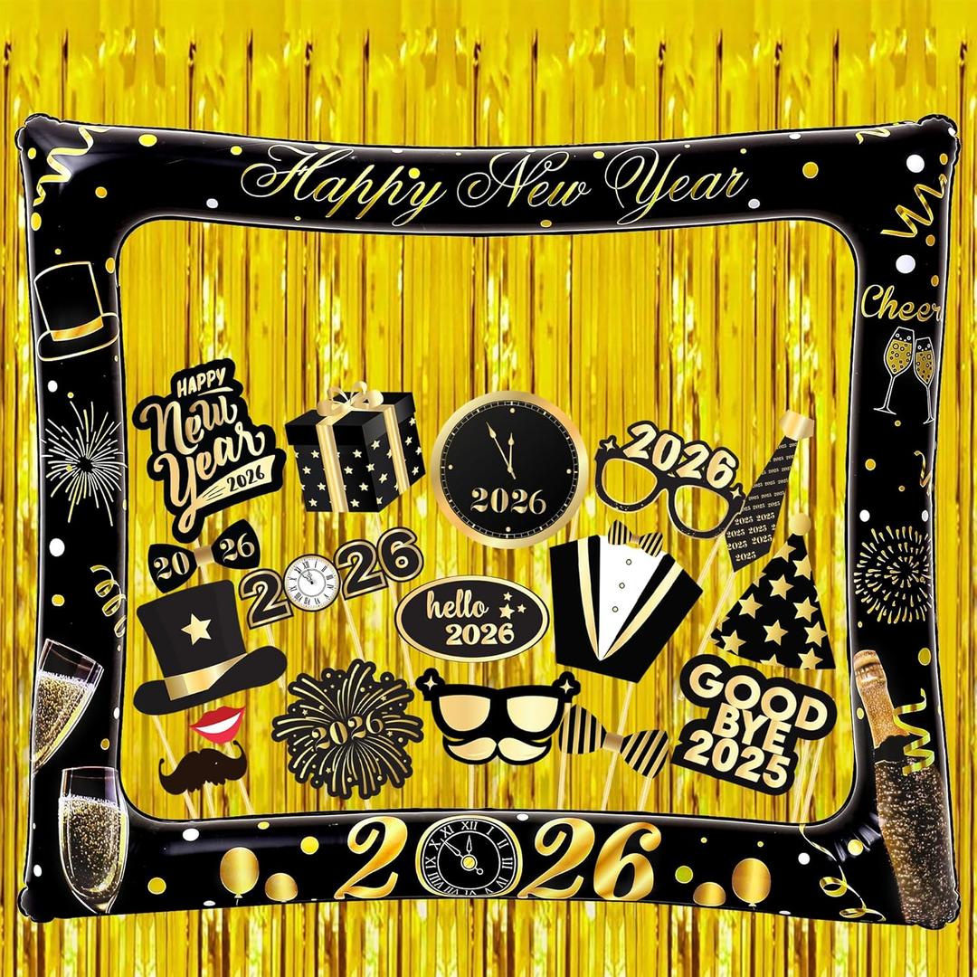 KatchOn, New Years Photo Booth Props Frame Set - 30 Inch- Pack of 38 | New Years Eve Photo Booth Props for Happy New Years Decorations 2026 | Gold Foil Fringe Curtains for NYE Decorations 2026