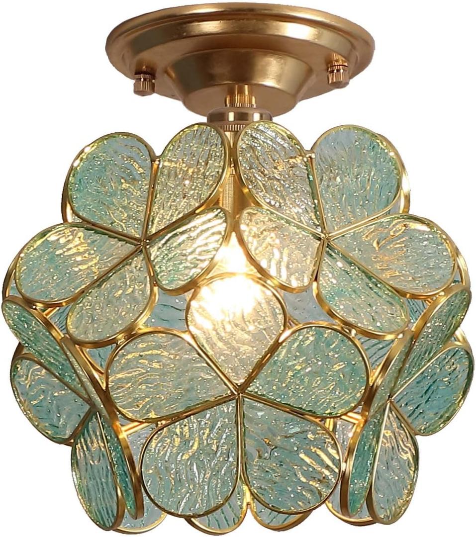 Bieye L10824 Flower Petals Tiffany Style Stained Glass Close to Ceiling Light for Home Decor (Textured Aqua Blue, 8" Cherry Blossom)