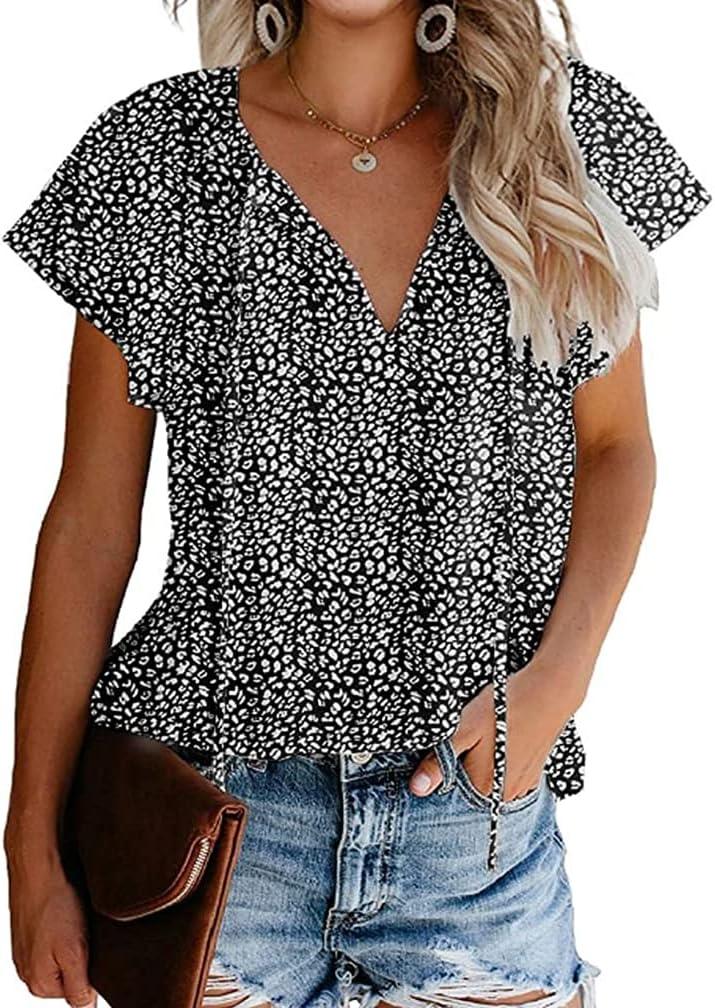 Women's Short Sleeve Casual Shirts Boho Floral Print V Neck Tops Loose Blouses (Black, M)