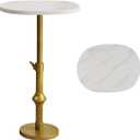 Marble Drink Table, 10"x12"x(22~30") Martini Table with Metal Antique Brass Adjustable Stand Base, Drink Tables for Small Spaces, Living Room, Bedroom, Or Office (White)