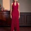 HTZMO Women Formal Sexy V Neck Halter Tie Maxi Dress Bodycon Flowy Wedding Guest Cocktail Elegant Long Dresses Wine L (L)