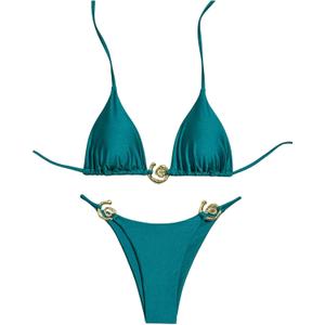 Milumia Women's 2 Piece Halter Tie Back Cheeky Swimsuit Metal Decor Triangle Thong Bikini Set (Small, Teal Blue)