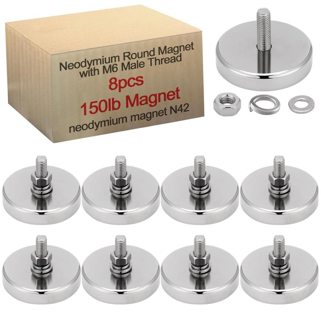 Flutesan 8 Pack Neodymium Round Magnet Heavy Duty with 1/4''-20 Male Threaded Stud 150 lb Powerful Magnet Base with Nut and Washer Mounting for Lighting Camera and Outdoor Tools(8 Pieces)