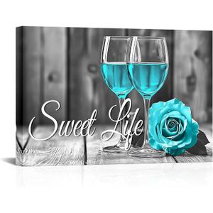Artsbay Kitchen Wall Art Blue and Black Wall Decor Wine and Rose Canvas Picture Painting Vintage Artwork Sweet Life for Bar Dining Room 16 x 24inches
