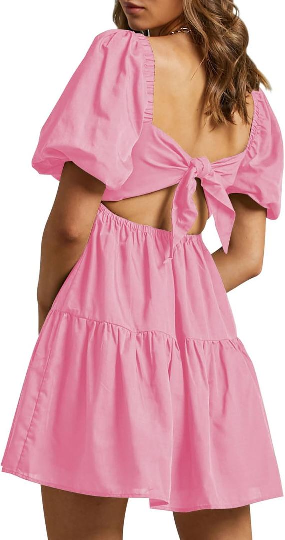 OWNGIGI Women's Summer Dress Square Neck Puffy Short Sleeve Loose Tie Back Casual A-Line Mini Dresses (Medium, Pink)