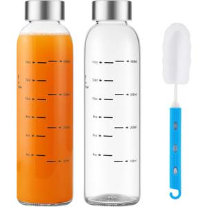 Glass Juice Bottles with Lids Set of 2, 17 oz Reusable Glass Water Bottles with Stainless Steel Caps, BPA Free,Leak Proof,Dishwasher Safe,for Refrigerator, Juicing, Iced Coffee, Cold Brew