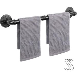 Industrial Pipe Towel Rack Towel Bar, Heavy Duty Wall Mounted Rustic Farmhouse Bath Towel Holder for Bathroom (Black, 24 inch)