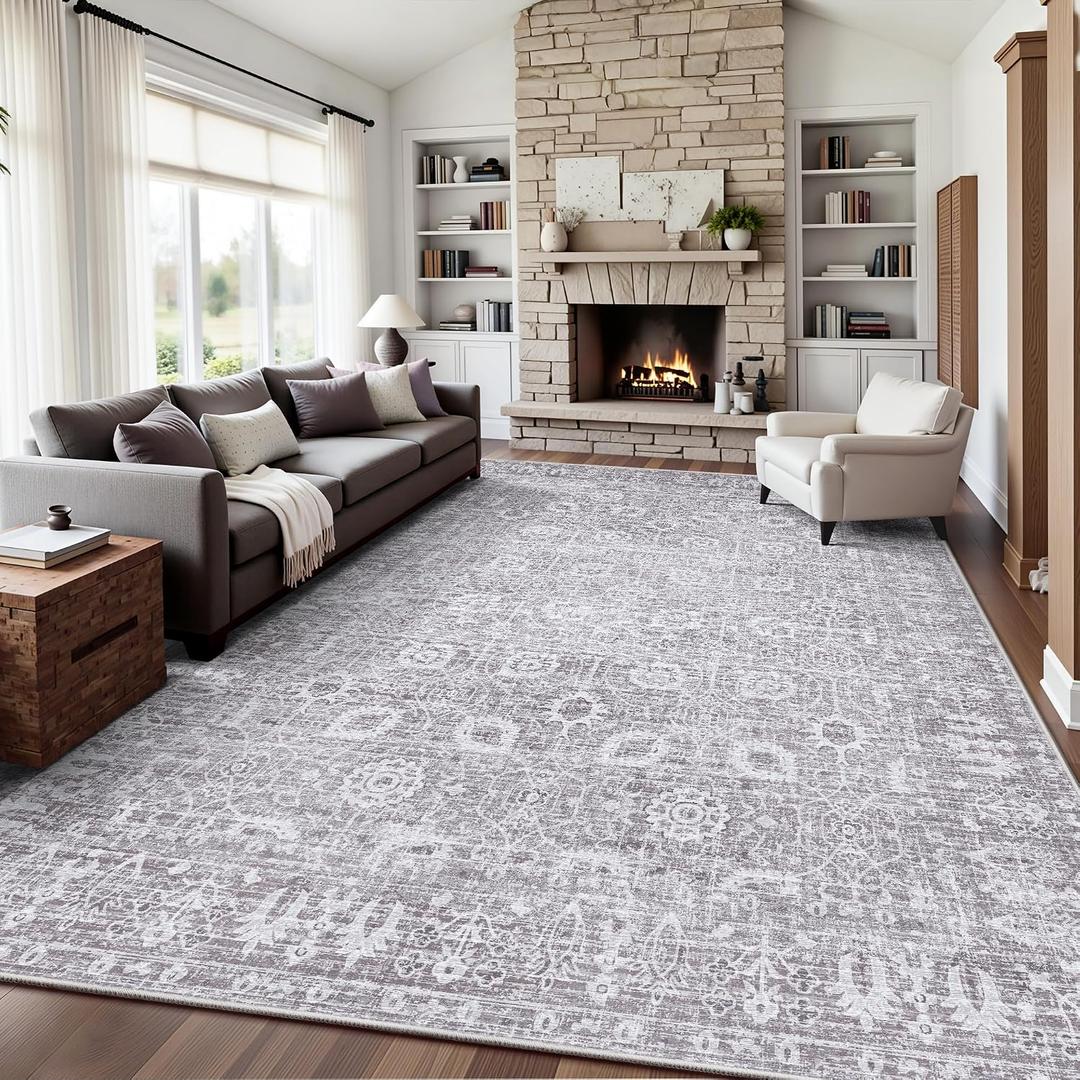 8x10 Area Rugs for Living Room, Washable Vintage Retro Floral Rug, Low Pile Non Slip Distressed Large Carpet for Bedroom, Dining Room, Office, Home (Vintage Purple Grey)