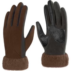 Jkulrki Women's Fleece Gloves Warm Winter Stretch Touchscreen Glove Microsuede with Faux Fur Cuff for Cold Weather (Cognac)