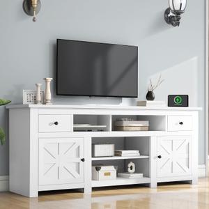 DWVO Farmhouse TV Stand for 75/80 Inches TVs, Entertainment Centers Furniture 30" Tall, TV Consoles with Storage Drawers & Power Outlet, Rustic TV Stands for Living Room, White