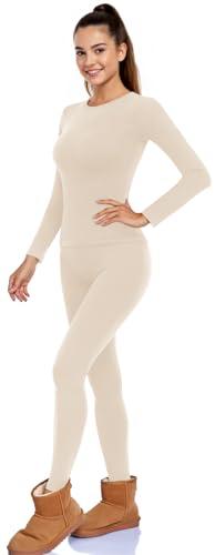 Long Johns Thermal Underwear for Women Fleece Lined Base Layer Pajama Set Cold Weather Nude Beige.S