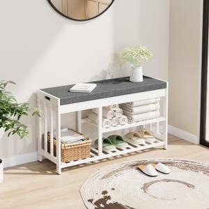 Shoe Rack Bench with Cushion,2 Tiers Shoe Bench with Flip-Top Storage,Wood Shoe Rack for Entryway, Hallway, Bedroom, Front Door Entrance (White)