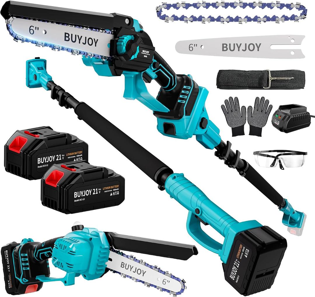 2-in-1 Electric Pole Saws for Tree Trimming, 6 Inch Mini Chainsaw Cordless with Extension Pole, 2 x 4000mAh Batteries,Battery Powered Pole Chain Saw, Tree Trimmer Limb Branch Cutter Pruner