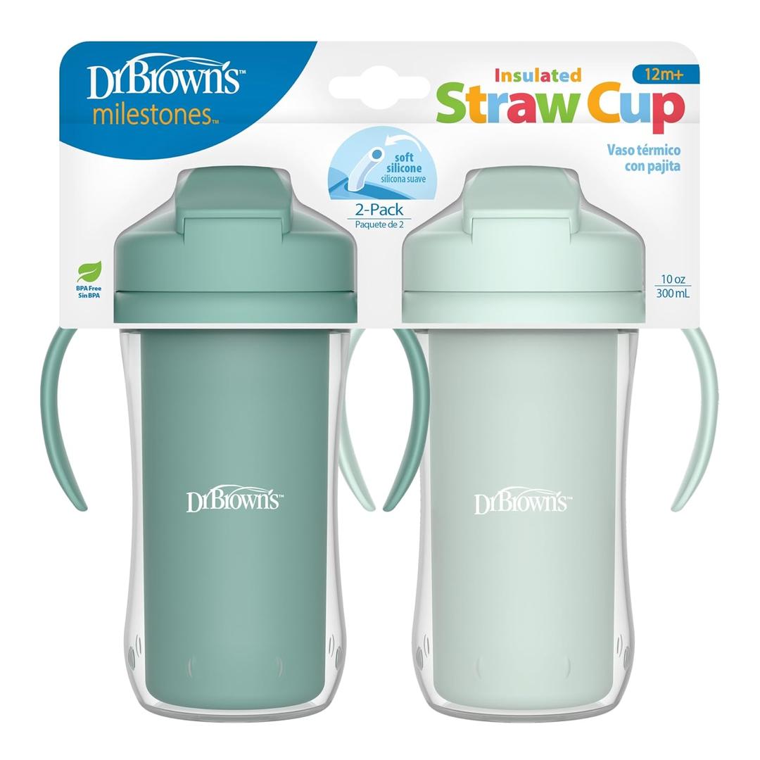 Dr. Brown's Milestones Insulated Sippy Cup with Straw and Handles, Spill-Proof Tumbler with Lid, 2-Pack, Green, 10 oz/300 mL, BPA Free, 12m+