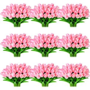 Jexine 100 Pcs Artificial Real Tulips Fake Artificial Tulip Flower Bulk Bouquet with Stem for Table Centerpieces Wedding Bridal Easter Mother's Day Garden Home Decor, 13.4''(Pink)