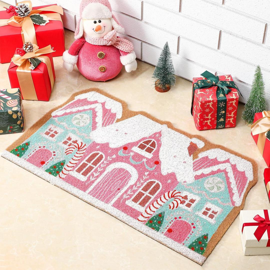 Tinideya Pink Christmas Gingerbread House Doormat 27.6 x 15.7 Inch Pastel Candyland Christmas Welcome Door Mat Cute Gingerbread Artificial Coir Non Slip Entrance Rugs for Indoor Outdoor Kitchen Decor