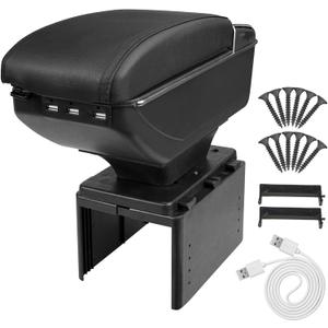 Car Armrest Box with Double Layer Storage, Black Leather and USB Charging Ports