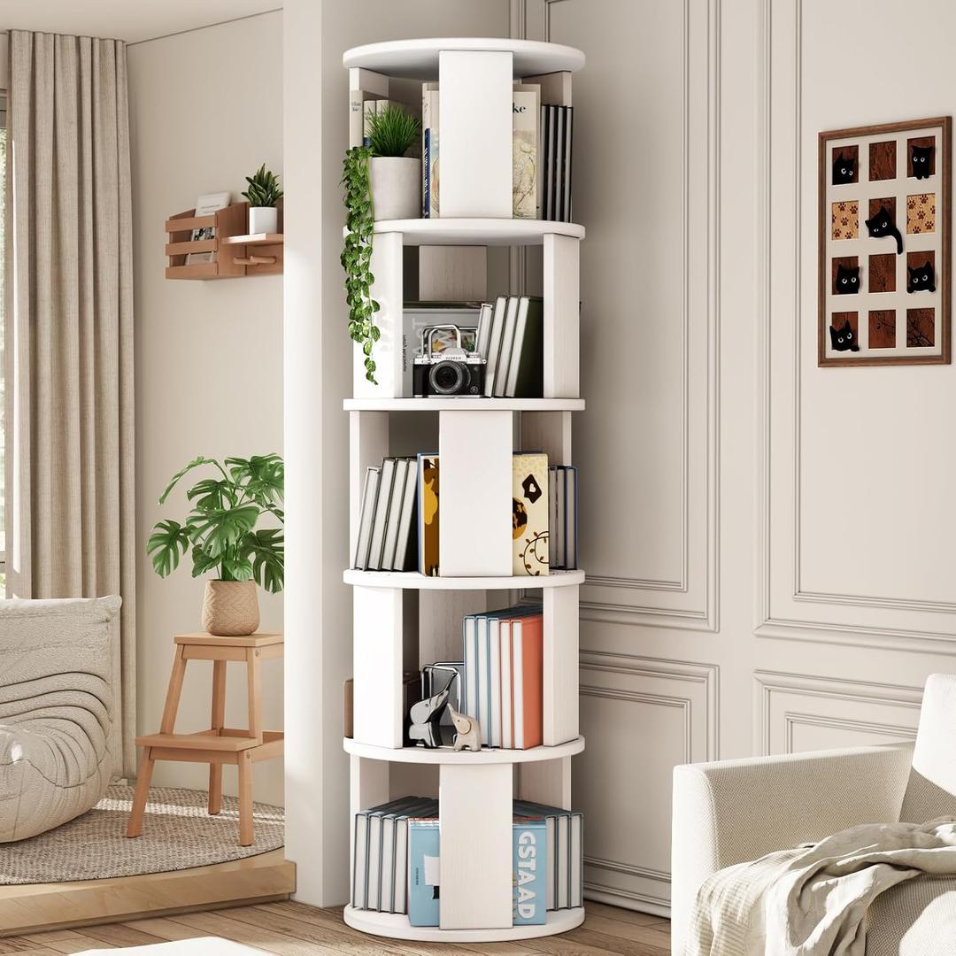 5 Tier Rotating Bookshelf Tower, 360 Display Round Bookcase, Floor Standing Corner Revolving Bookshelf Organizer Storage Rack for Home Study Office, White