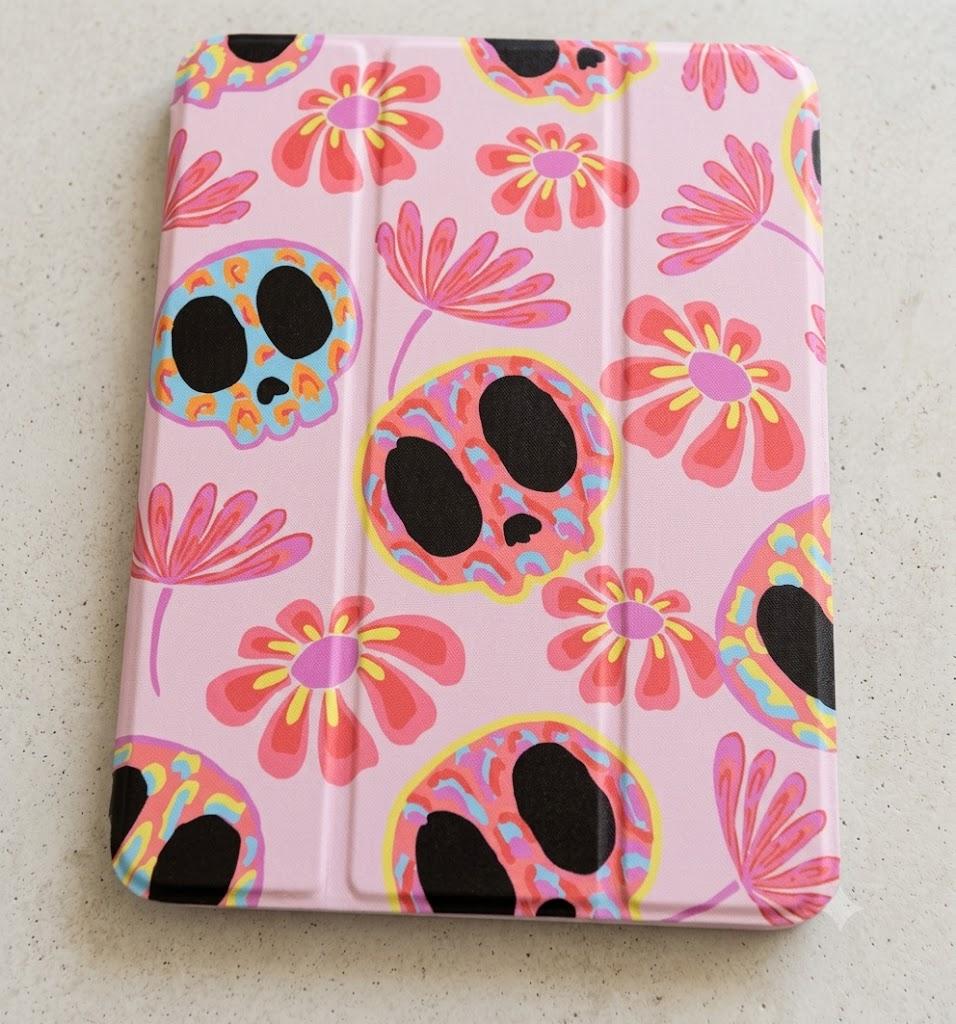Mektron Printed Case for iPad mini 7 (A17 Pro) 2024/ Mini 6 2021, iPad mini 7th/6th Generation 8.3-inch Liquid Retina Display Cover, Buit in Pencil Holder with Clear Back Shell, Skull & Flowers Pink