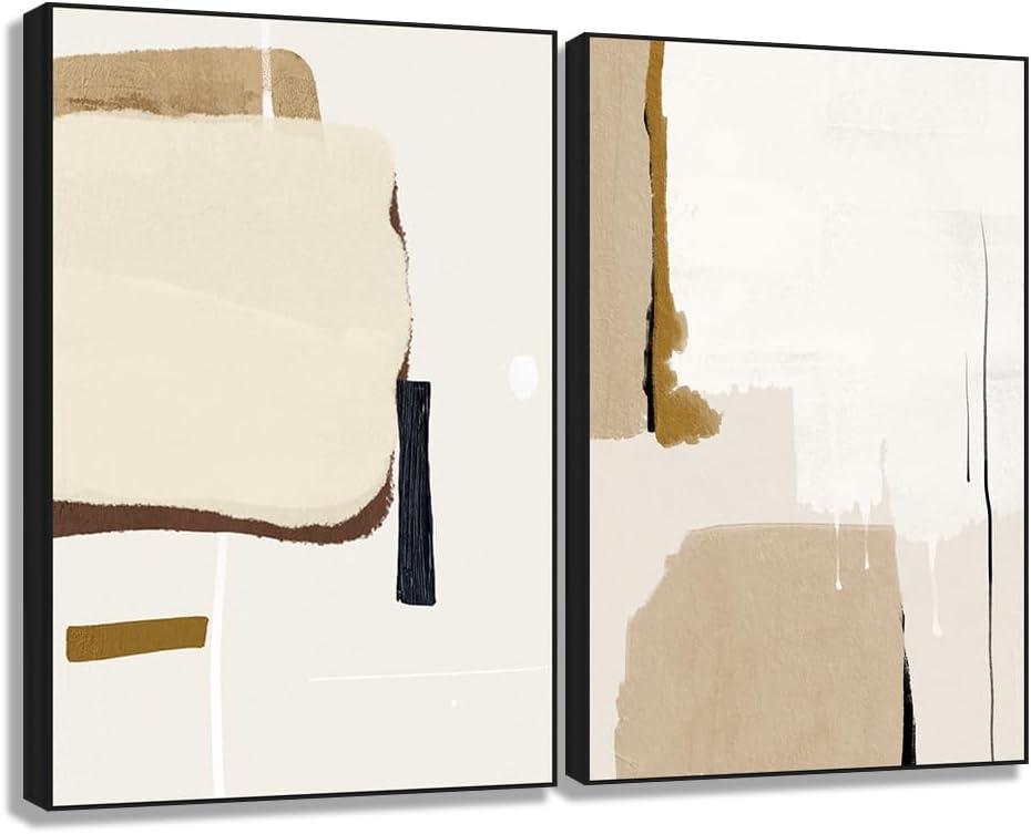 EUROPICART Abstract Wall Art, Set of 2 Black Framed Canvas Paintings, Neutral Beige 16 x 24