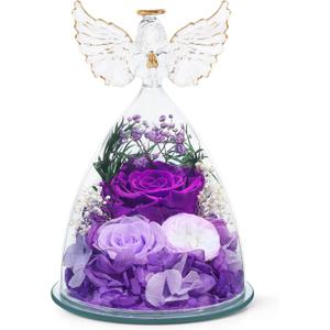 Gifts for Women Mom Preserved Rose Forever Flower in Glass Angel Figurine Fresh Flowers for Delivery Prime Birthday Gifts for Grandma Wife Sister Christmas Anniversary Eternal Purple Roses