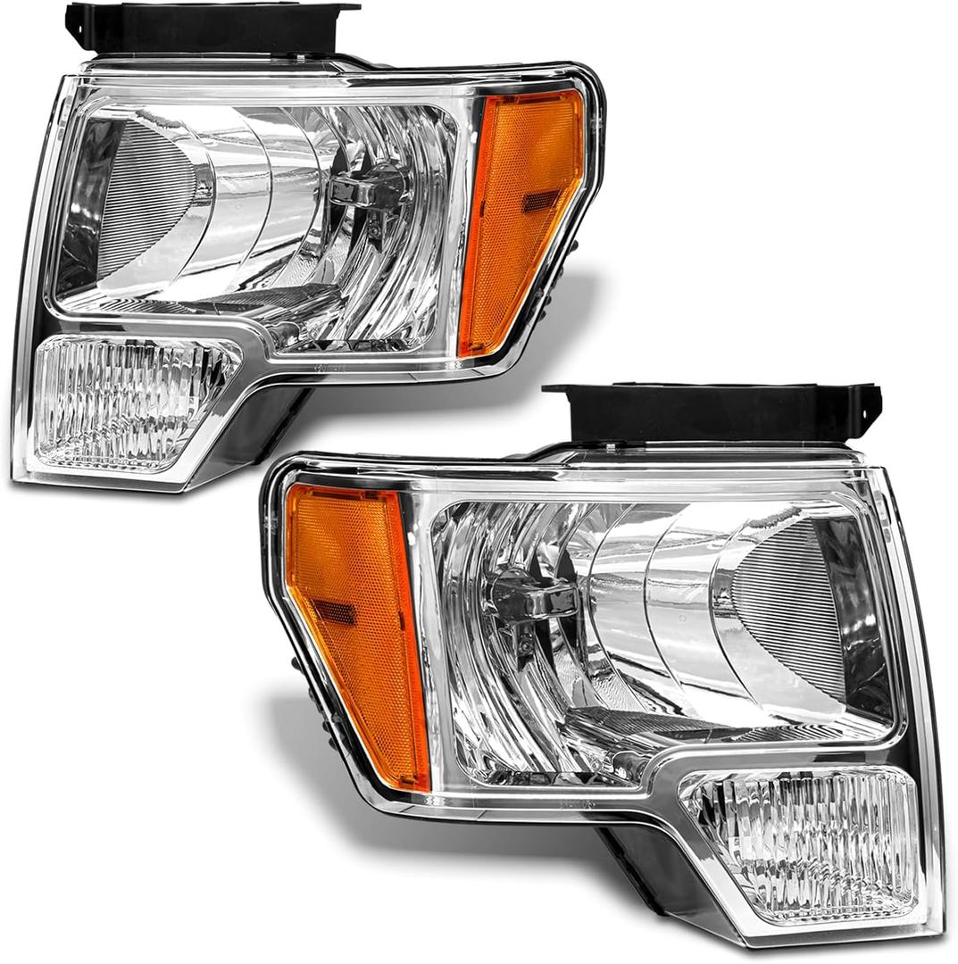 Headlight Assembly Compatible with 2009-2014 Ford F150 OE Style Pickup Chrome Housing Amber Reflector Headlamp Driver and Passenger Side (ONLY for halogen models)
