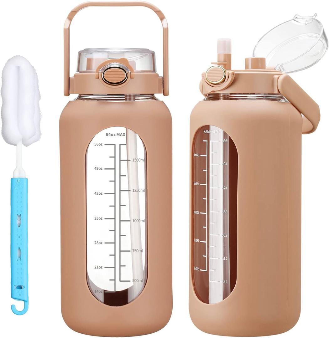42oz/52oz/64oz Glass Water Bottles with Straw Half Gallon Large Motivational Water Bottle with Time Marker Sports Water Bottles with Silicone Sleeve and Handle Lid Water Jug for Gym Workout (Amber)