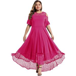 LALAGEN Women Dress Plus Size Cold Shoulder Lace Casual Swing Evening Party Formal Maxi Dresses Rose Red 2X