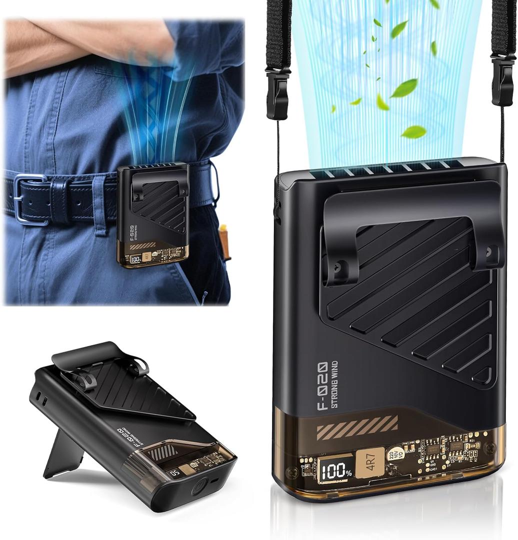 Portable Waist Fan, Body Belt Clip-On Personal Cooling Fan, Rechargeable Under Shirt/Handheld/Neck Strap Fans with LED Display, 10000RPM, 5 Speed, 40H Runtime for Outdoor Travel Wearable Hiking