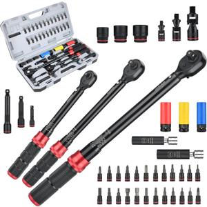 AEROFORCE 1/4 & 3/8 & 1/2-inch Drive Click Torque Wrench, 41Pcs Torque Wrench Set with Sockets and extensions, Hex, Torx, magnetic Spark Plug for Car, Motorcycle, Bike Repair