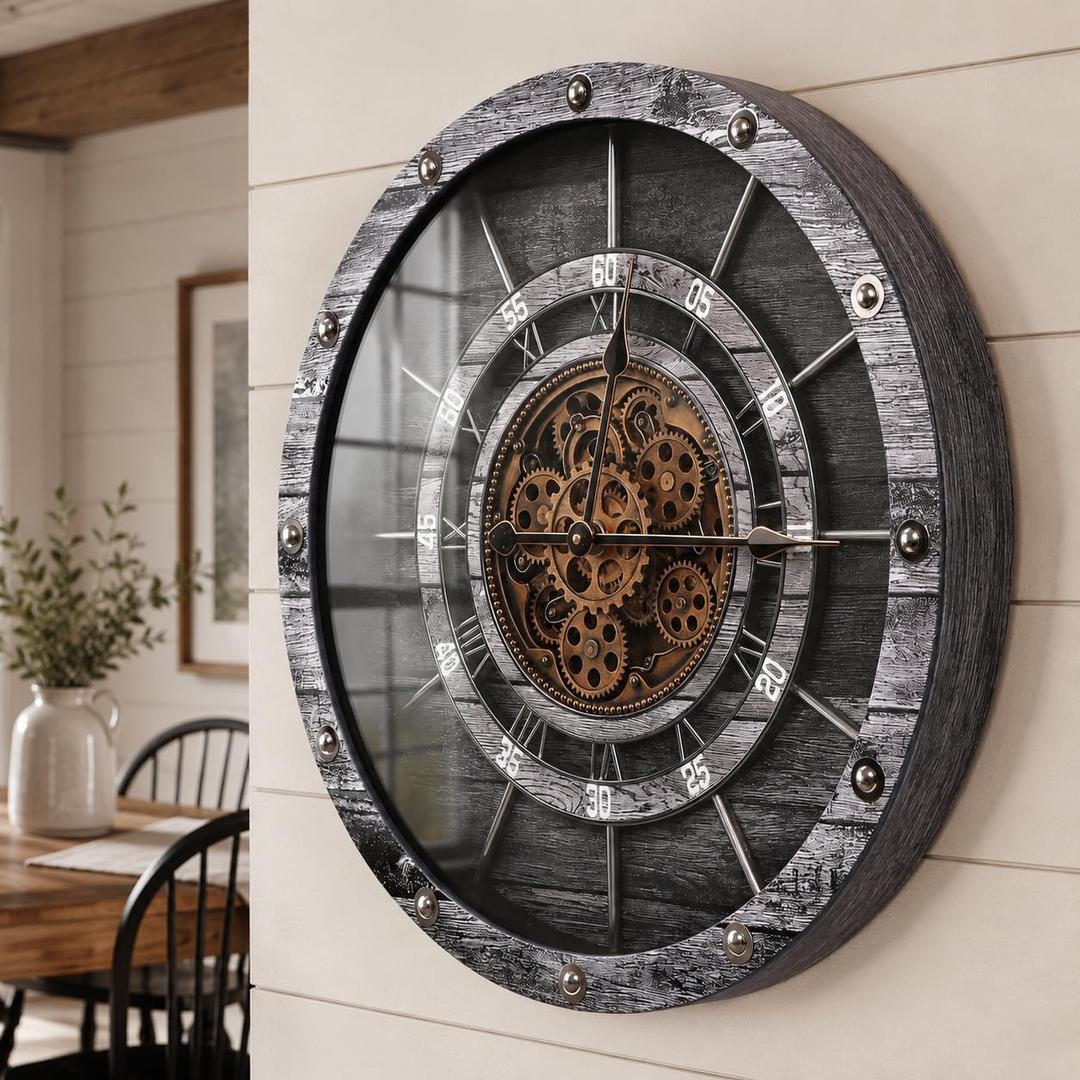 HOIBAI Wall Clock, 27 Inch Moving Gears Clock Large Wall Clock for Living Room Decor Rustic Vintage Industrial Steampunk Farmhouse Big Clock for Home Kitchen Bedroom Office