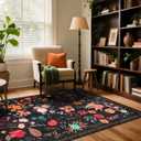 Boho Washable Area Rug 4x6  Floral Low Pile Non-Slip Carpet for Living Room, Bedroom, Office, Playroom, Entryway, Kitchen, Dining Room (Black)