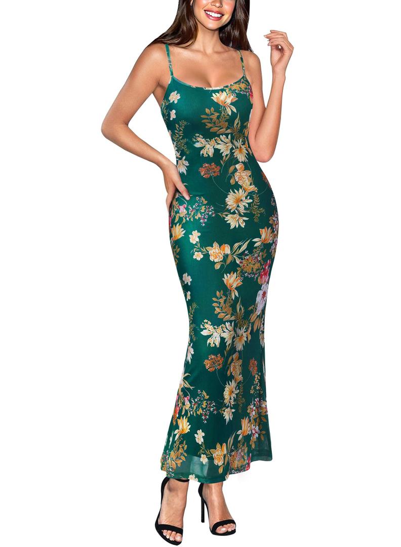 VFSHOW Womens Floral Summer Spaghetti Strap Bodycon Maxi Long Dress 2026 Sexy Printed Mesh Beach Wedding Guest Vacation Date Night Slip Dresses (Dark Green, Small) 