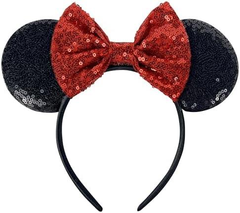 2 Pcs Foeran Mouse Ears Headbands, Sequin Mouse Ears Headband with Bow for Kids Adults Women, Accessories for Birthday Party