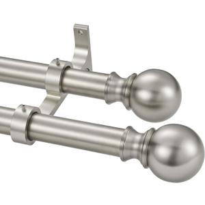 Double Window Curtain Rods, 1Inch Back and Front Rod, 72-144 Adjustable Length, With Same Size Round Finials Dual Curtain Rod, Matte Nickel