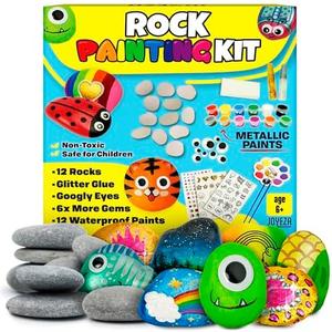 JOYEZA Rock Painting Kit Deluxe, Arts and Crafts for Girls Boys Age 6+, 12 Rocks Tween Gift Art Set, Waterproof Paints, Craft Kits Art Supplies, Kids Crafts Ages 6-8, Kids Activities 6 7 8 9 10, 2 Pack