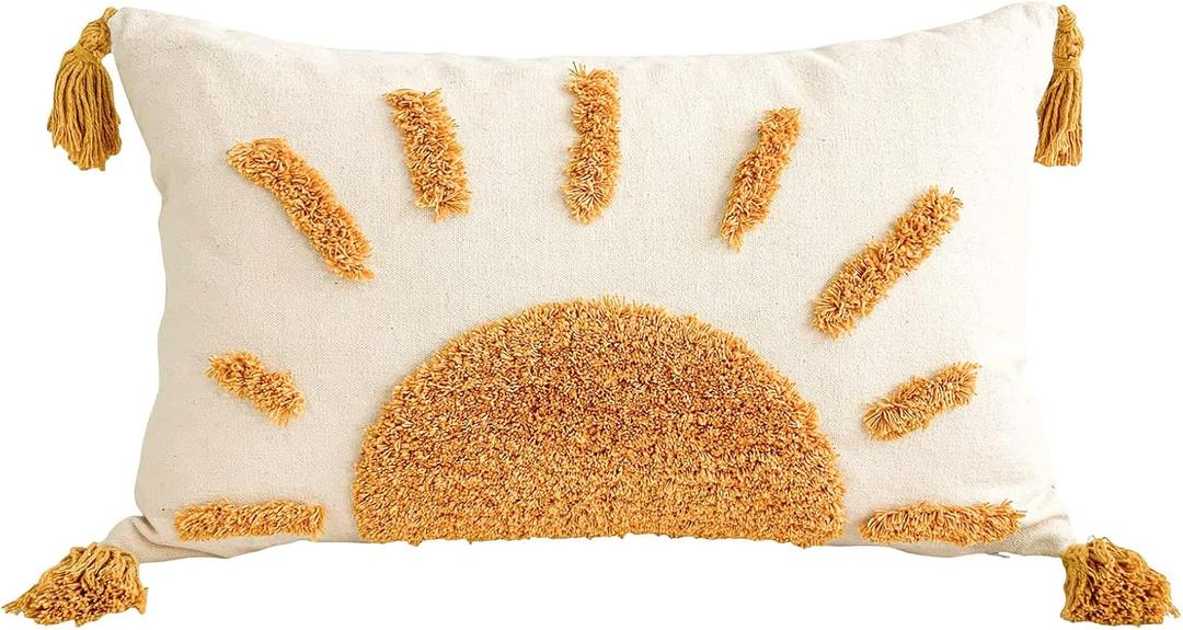 Zealax Lumbar Decorative Boho Throw Pillow Cover 12x20 Inch for Couch Living Room Outdoor, Sun Tufted Pillow Covers with Tassels Cushion Case, Rustic Farmhouse Home Decor (No Pillow Insert, 1Pc)