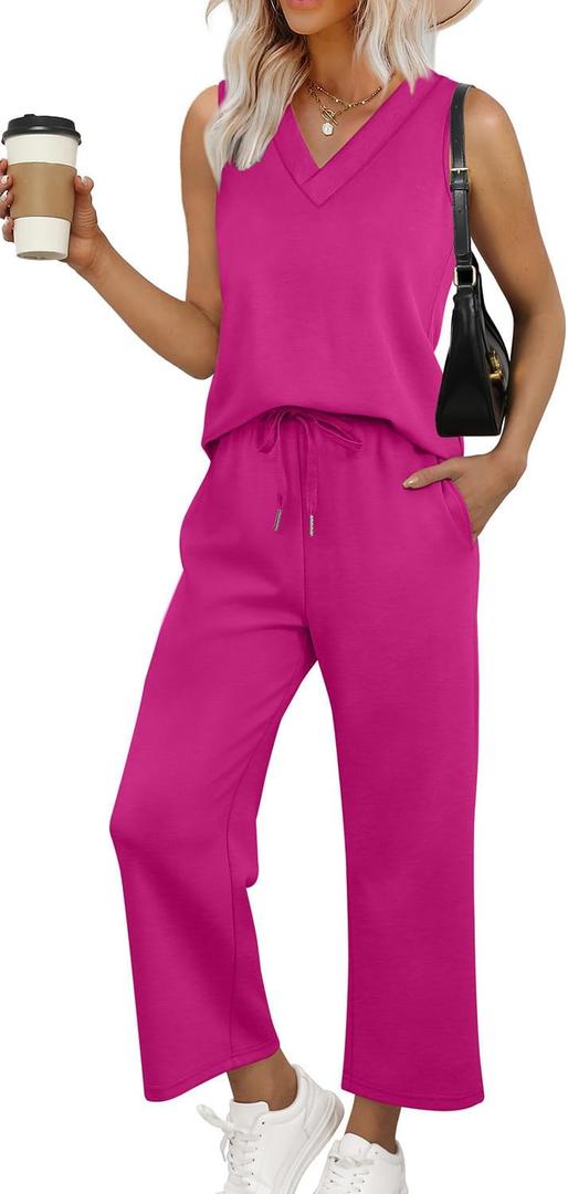 WIHOLL Two Piece Sets for Women Summer Outfits Matching Lounge Sets Wide Leg Crop Pants Vacation Travel (Large, Hot Pink)