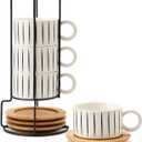 LUKA 6 Ounce Porcelain Stackable Espresso Cups with Saucers and Metal Stand Set of 4, Ceramic Cappuccino Cups Set for Specialty Coffee Drinks, Latte, Cafe Mocha and Tea, Stripes, White (EXP 07/28/26)