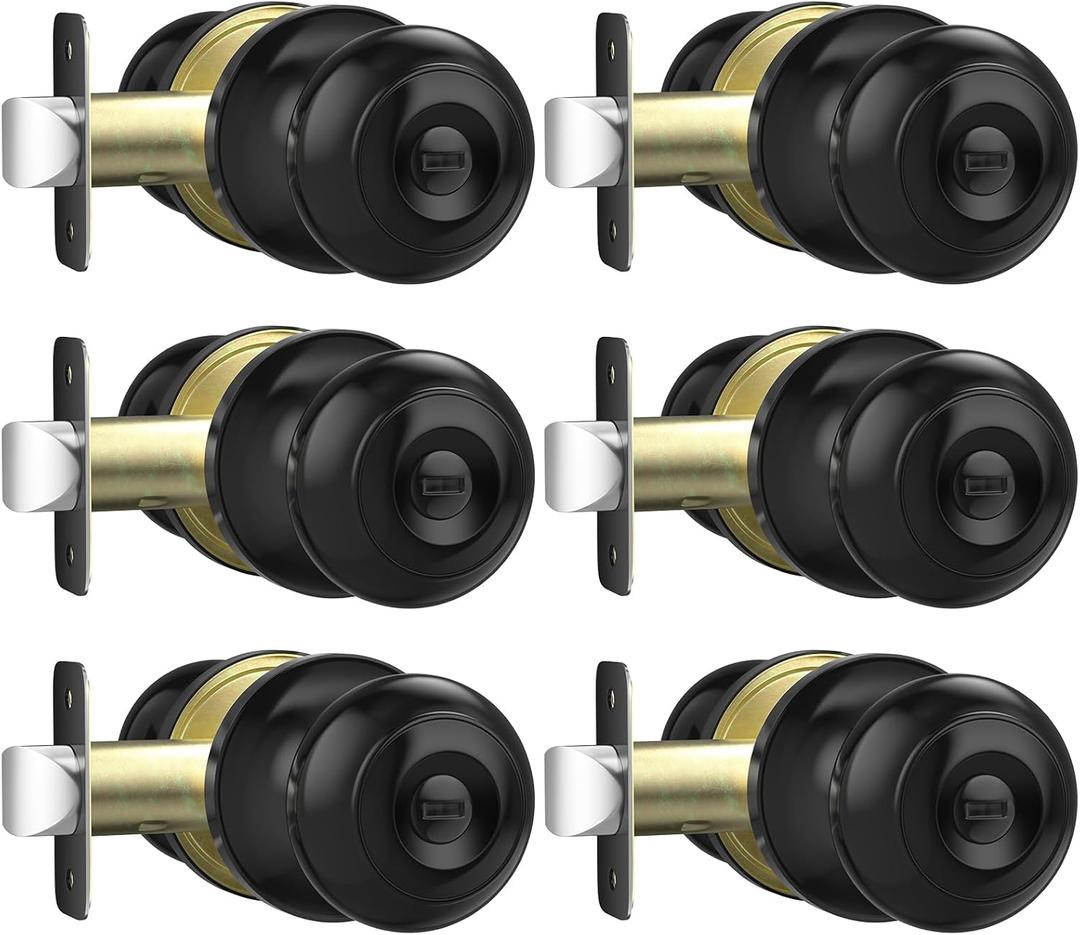Privacy Door Knob, Matte Black Door Knobs Interior Keyless Locks Set(6 Pack), Bedroom Bathroom Door Knob with Lock, Reversible for Left/Right Door Handle