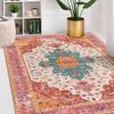 Moynesa Ultra-Thin Washable Vintage Area Rug - 5x7 Large Bedroom Boho Non-Slip Non-Shedding Living Room Mat Oriental Medallion Floor Carpet for Kids Nursery Room Office, Pink/Teal/Multi