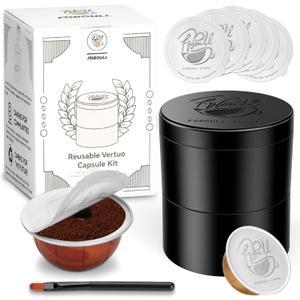 Foboull Reusable Kit for Nespresso Pods Vertuo, 50 Pcs Aluminum Foil Seal Lids, Holder & Brush Included – for Refilling Nespresso Vertuo/Vertuoline Pods, Refillable Coffee Capsules Tool Set, Black