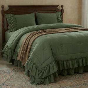 Bedding_Dreamer Olive Green Ruffle Comforter Set Queen, 3 Pieces Shabby Chic Farmhouse Bedding, Soft Microfiber Comforter with Matching Shams, All Season